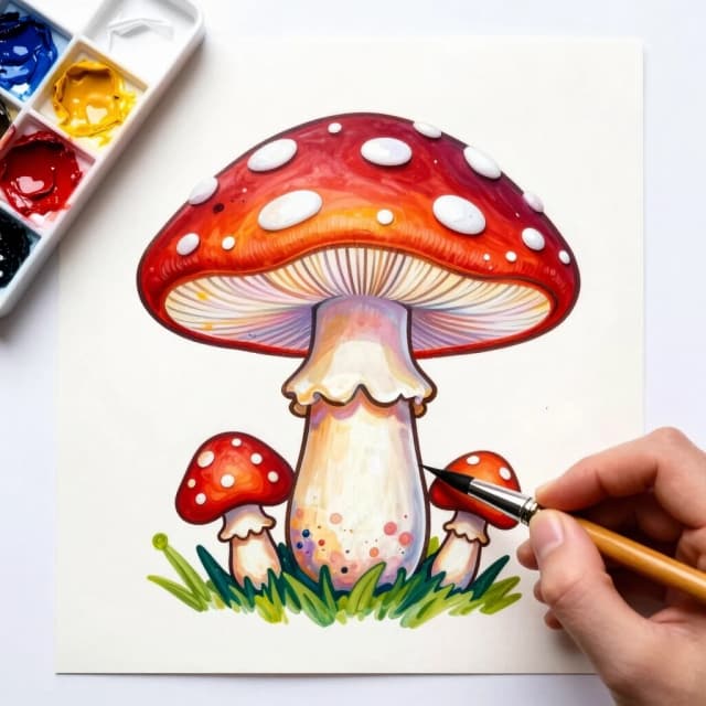 создай красивый фантазийный мухомор рисунок красками