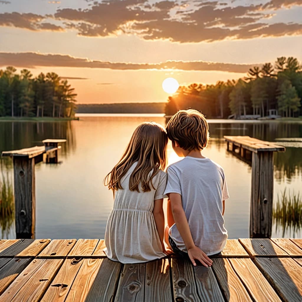 A heartfelt greeting card scene featuring a young boy and girl sitting together on a weathered wooden dock, viewed from behind. The boy, wearing a simple light-colored t-shirt, has his arm around the young girl, who has long, wavy light brown hair and is wearing a white dress. They are overlooking a calm, golden-lit lake during a sunset, creating a warm, nostalgic, and peaceful atmosphere. The background is filled with a radiant, soft glow reflecting off the water. The foreground is decorated with elegant touches including blooming soft pink roses, delicate white baby's breath, a small gold heart figurine, and vintage-style parchment paper cards with elegant calligraphy. Metallic gold balloons float gently in the upper right corner. The lighting is cinematic, highlighting the silhouette of the children against the sunset. The color palette consists of soft pastels, golden amber hues, and creamy whites, evoking a mood of deep parental love, warmth, and family affection, typical of high-quality, sentimental graphic design for a festive celebration of son and daughter day.