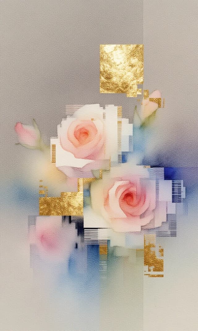 A watercolor work on a neutral gray‑beige background with a gradient. Impressionism. Visible texture of the canvas or textured watercolor paper. Glitch art: digital roses consisting of squares, with digital glitching and distorted visual effects. Pastel, powdery shades. Accents of gold leaf, bright and shiny, highlighting significant elements.