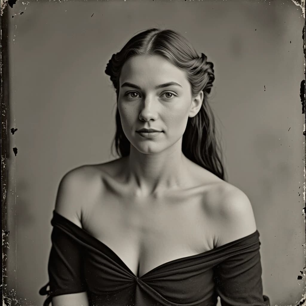 Молодая женщина (примерно 25–28 лет), стройная, светлая кожа, длинные волосы собраны на затылке, голубые/серые глаза, нейтральное уверенное выражение лица с лёгкой полуулыбкой. На ней: Чёрный топ с открытыми плечами. Поза: слегка наклонена вперёд, руки опущены, плечи расслаблены.