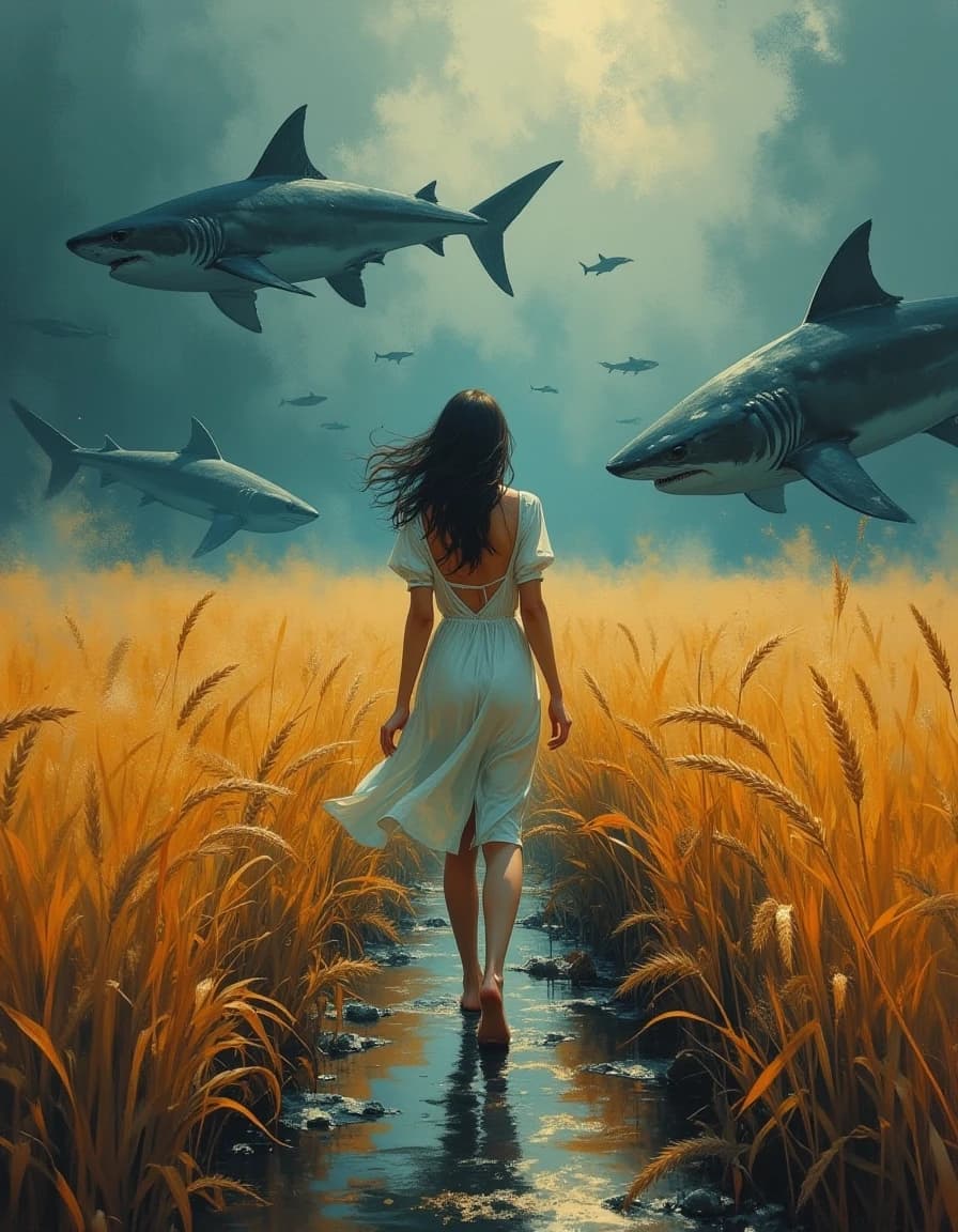 A masterpiece, in the style of the 1980s, with bold lines, dynamic strokes and rich textures, on background with a touch of nostalgia, perhaps with subtle drawings inspired by cellulose and vintage, worn textures similar to paper,oil painting, A distant cinematic wide shot. A lone woman walking barefoot away into the infinity of a waist-deep golden wheat field, her hands grazing the wheat ears as she moves. Powerful wind violently whipping her long dress and hair. The scene is drowned in a thick, dark, and oppressive heavy fog. Looming everywhere in the misty sky are dozens of massive, giant sharks swimming in different directions, appearing and disappearing in the deep haze. Haunting, gloomy, surreal masterpiece, desaturated moody colors, high contrast, eerie and vast