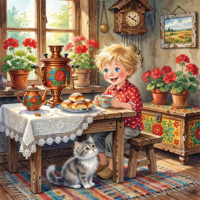 Watercolor illustration in the style of a vintage children's book, cozy rustic Russian farmhouse interior. A cute little boy with messy fluffy blond hair, giant blue eyes, freckles, and a happy smile. He is wearing a red polka-dot shirt, grey trousers, and woven bast shoes. The boy is sitting on a wooden bench at a rough-hewn table, holding a painted ceramic teacup. On the table is a large ornate Russian samovar decorated with floral folk art patterns, a plate of baked sweet buns, a matching teapot, and a white lace tablecloth with embroidery. A fluffy gray and white kitten sits at the boy's feet, looking up at him. In the background, there is a window with wooden frames and terracotta pots of red geraniums. On the wall hangs an old wooden cuckoo clock and a small framed landscape painting. Next to the table is a vintage wooden chest painted with vibrant floral motifs. The floor is covered with a striped rag rug. Warm, diffused sunlight, cozy, charming atmosphere, high detail, soft brushstrokes.