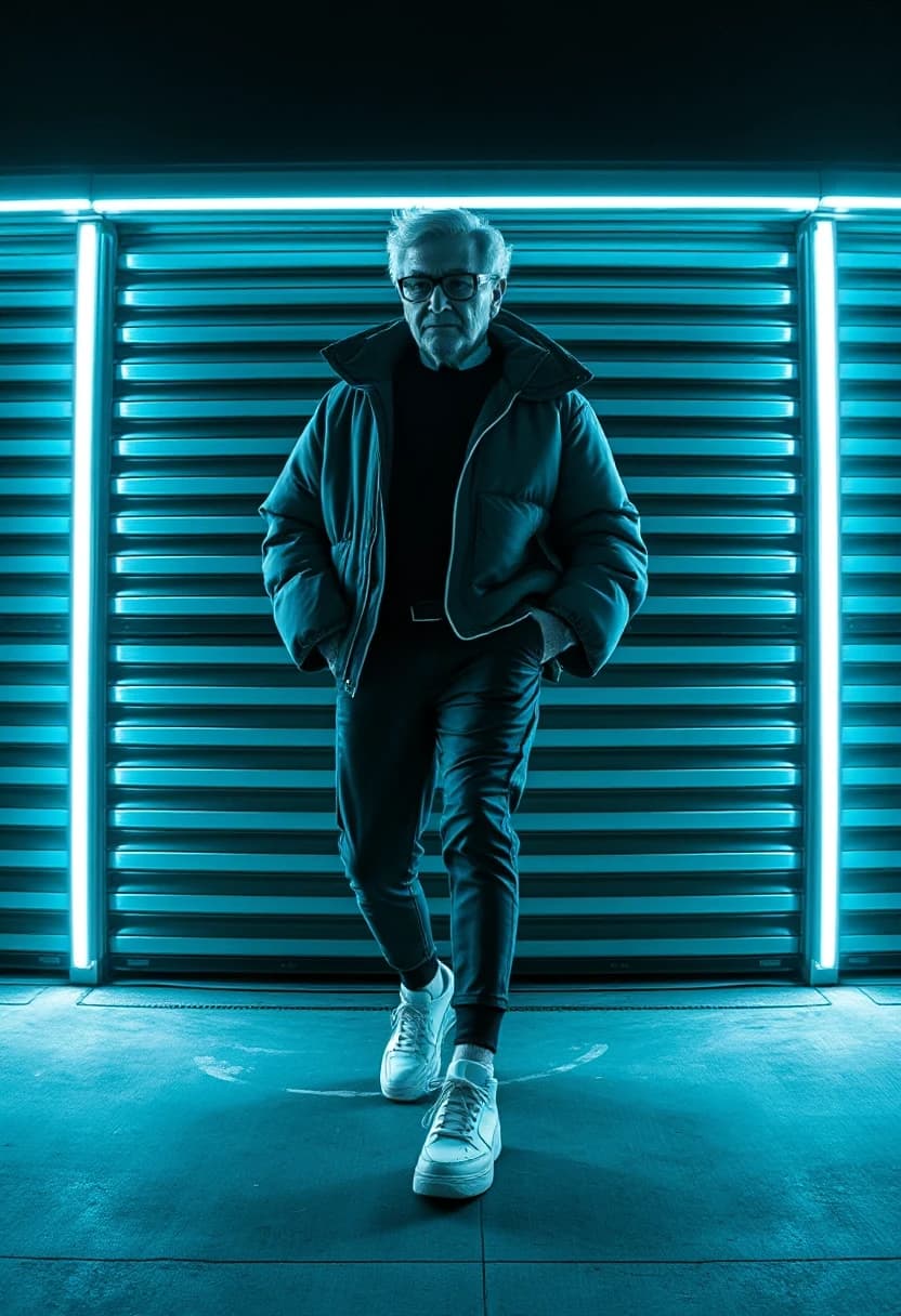 Aesthetics, provocation, photorealism, oversized techno fashion, silhouettes of cool fashionable grandmothers, the real tallest and oldest crazy dad-fashion designer with a model appearance, blinds on garage doors, monochrome, black and turquoise neon, unusual angle, heavy white sneakers, giant fashionable glasses