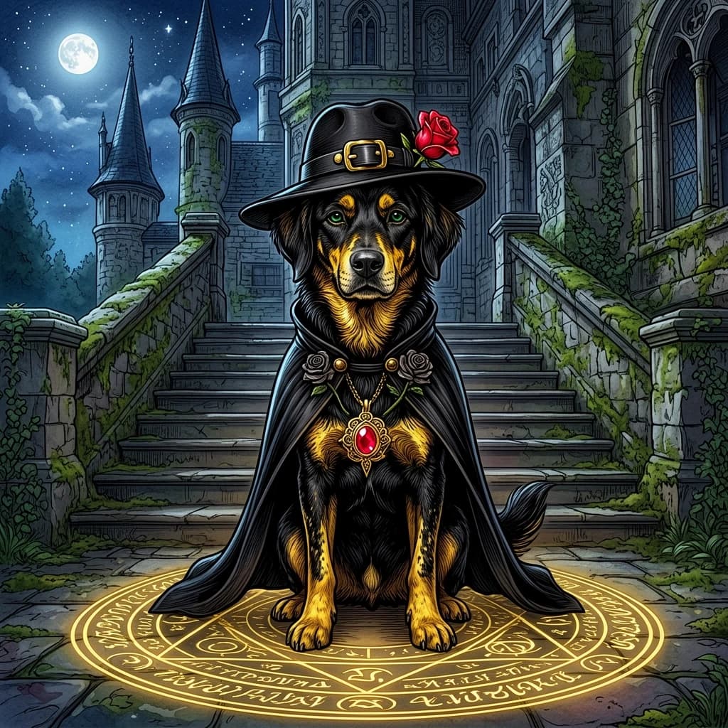 (Background):Moonlit night spires of an ancient stone building with moss growing between the stones. There is a dog sitting on a wide landing at the bottom of a stone staircase. In front of him is a golden magic circle. Magic runes are inscribed inside the circle, in calligraphic strokes (Dog): black and brown with golden markings, with green eyes. He is wearing a black cape with a pin in the shape of a rose. He wears a hat with a gold buckle and a red rose bud. There is a golden magic pendant with a red gemstone around her neck. (Style):art fantasy, shabby chic, rococo, baroque, art design, romance, close-up, double exposure, high quality, gradient, grace, outline, pen stroke, calligraphic handwriting, magical runes, secret writing, magic. Interior light, 4k, intricate details.