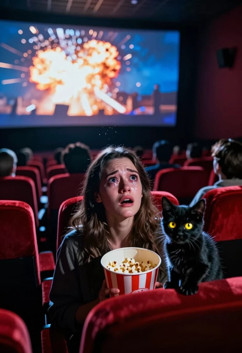 Photorealistic cinematic shot, 8K, Octane render, dramatic lighting. Wide shot with a low-angle camera tilted slightly up, looking from the back row of the cinema towards the screen — this angle makes the rows of heads feel like an ocean of anticipation. It’s the peak emotional moment of the film: the screen glows with a massive explosion, and the entire audience is frozen in a collective gasp. In the foreground, a young woman’s face is caught in a dramatic close-up: her eyes are wide, tears welling up, mouth slightly open in shock, every eyelash and tiny crease visible. She’s holding a half-empty popcorn bucket, and a few kernels have spilled onto her lap. Right beside her on the armrest, a tiny fluffy black kitten with glowing yellow eyes is also staring at the screen, its ears perked up in total fascination — as if it understands the stakes. The air is thick with cinematic atmosphere: floating dust motes catch the blue glow from the screen, and the red velvet of the seats has deep, rich texture. Rim light outlines the woman’s silhouette, separating her from the dark audience behind. Mood: collective emotion, suspense, cinematic awe.