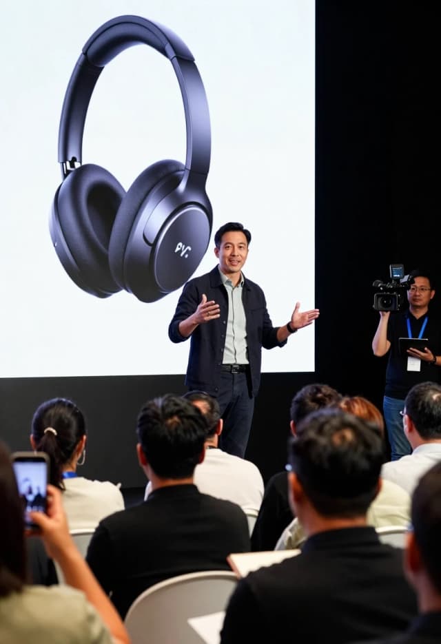 Create a realistic shot in the middle of a product presentation: a charismatic speaker is standing on stage in a light gray shirt and a dark jacket; he is confidently gesturing towards the large screen, where the product — compact wireless headphones with active noise cancellation — is shown in close‑up. His posture is open, his body is slightly turned towards the audience, his gaze is direct and energetic, and there is a slight smile on his face, emphasizing his confidence. In front of the stage are rows of spectators: some are taking photos with their phones, others are making notes in a notebook; one journalist in the first row is snapping the camera shutter. To the right, in the aisle, stands a cameraman with a camera on his shoulder; slightly behind him is an employee with a tablet, checking the timing. The stage lighting is bright; accent lighting highlights the speaker, while the lighting in the hall is more subdued, with soft shadows. Details: glare on the glossy surfaces of the product, the texture of the jacket fabric, individual strands of hair, reflections in the camera lens. The composition is a view from the audience, with a focus on the speaker and the screen; the audience and staff create a lively atmosphere at the event.
