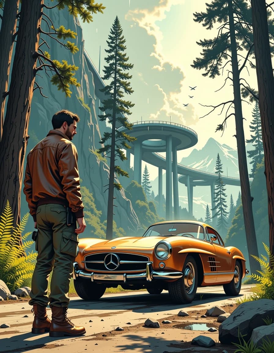 A masterpiece, in the style of the 1980s, with bold lines, dynamic strokes and rich textures, on background with a touch of nostalgia, perhaps with subtle drawings inspired by cellulose and vintage, worn textures similar to paper, oil painting, A cinematic, hyper-detailed photoreal scene of a lone man standing beside a polished bronze vintage luxury car on a forest road, tall evergreen trees framing a futuristic elevated highway and circular glass-and-metal buildings in the distant mountain valley; stormy dramatic clouds with shafts of light breaking through, several jet aircraft leaving white contrails across the sky, light rain and subtle mist in the air. The man is mid-30s, wearing a worn brown leather flight jacket, olive cargo pants and leather boots, hands relaxed at his sides, calm determined expression, three-quarter full-body view. The car is an Art Deco inspired classic with chrome bumpers and deep reflections, large rugged tires, wet surface catching soft highlights and environment reflections. Composition: low-angle, wide portrait orientation, strong depth with foreground ferns and rocks, midground car and figure, background futuristic structures and mountains. Lighting: volumetric godrays, moody contrast, warm bronze highlights on car, cool desaturated greens and grays in forest and sky, cinematic color grading. Texture: ultra-realistic skin, fabric, metal, glass, wet pavement. Render in ultra-high resolution, photoreal, shallow-to-moderate depth of field, crisp detail, subtle film grain, atmospheric perspective.