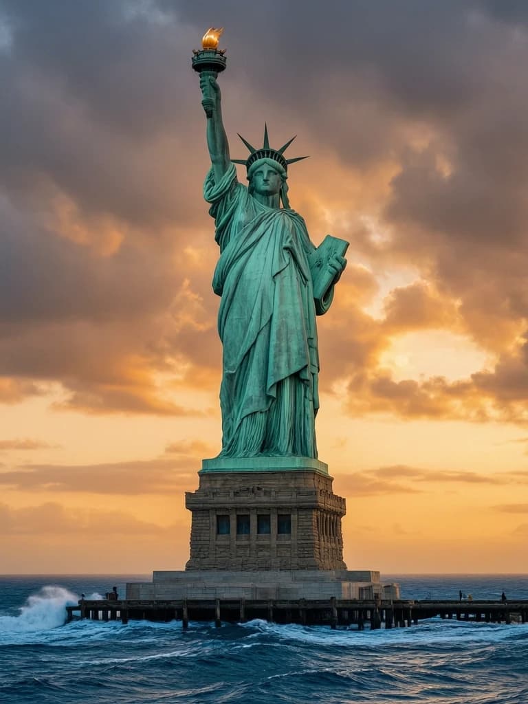 Statue of Liberty in New York, cinematic wide shot, majestic and monumental composition, highly detailed copper texture with realistic verdigris patina, dramatic golden hour lighting with soft sunlight hitting the face and torch, volumetric clouds in a sunset sky, deep blue ocean waves crashing against Liberty Island, hyper-realistic digital art style, epic scale, intricate sculptural details, 8k resolution, masterpiece, atmospheric perspective, serene yet powerful mood.