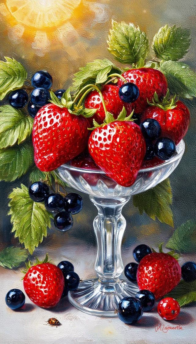 impasto, palette knife, oil, macro, ripe juicy wild strawberries lie in a crystal vase on a branch with leaves and black currants in dew drops, ladybug, sun rays, gooseberries