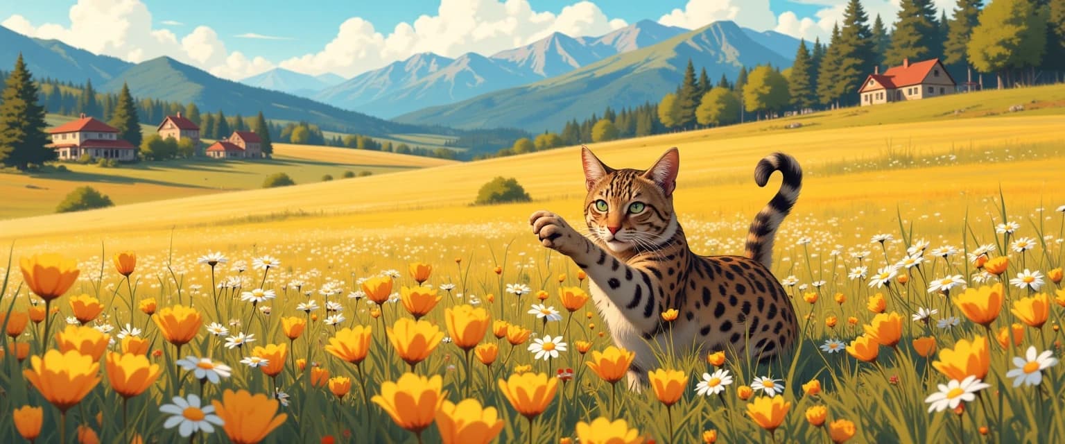 Кошка породы савана играет на цветочном поле. Время суток ближе к вечеру. На фоне виднеются невысокие горы и уютные жилые домики. У кошки два кошачьих хвоста за спиной. Аниме стиль.