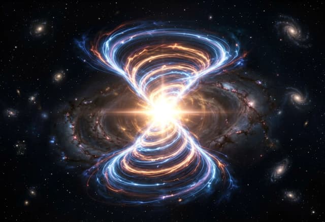 "A massive galactic quantum spiral shaped like an hourglass, consisting of two gigantic rotating energy funnels that taper and meet at the exact center. A blinding quantum flash explosion occurs at the convergence point where the funnels touch. Side view emphasizing the 3D volumetric structure and depth. The image highlights the boundless vastness of space with countless shimmering stars in the deep black background. Cinematic lighting, photorealistic, 8k resolution, epic scale, glowing energy filaments.