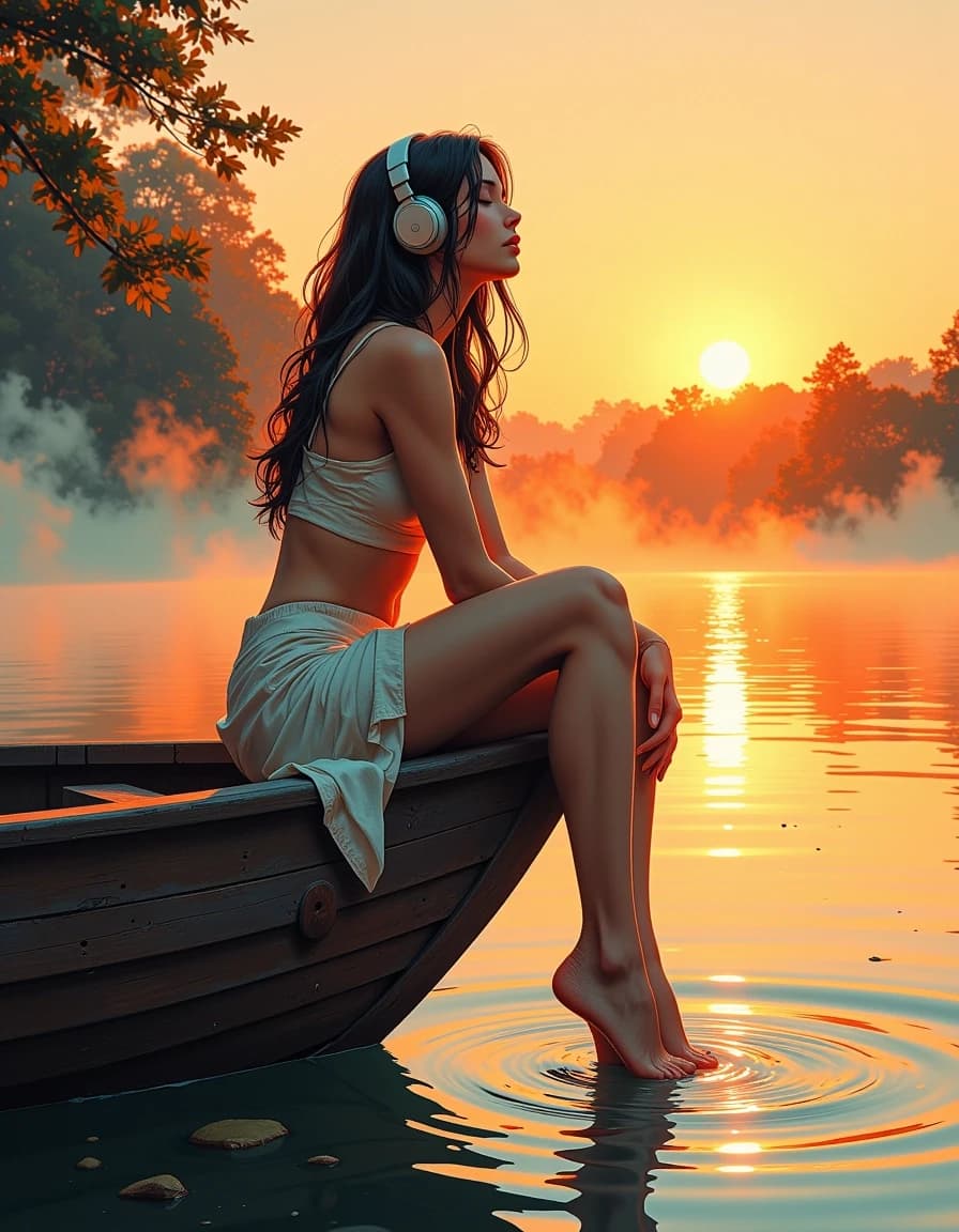A masterpiece, in the style of the 1980s, with bold lines, dynamic strokes and rich textures, on background with a touch of nostalgia, perhaps with subtle drawings inspired by cellulose and vintage, worn textures similar to paper,oil painting, A high-end airbrush masterpiece of a beautiful woman in a light stylish summer outfit sitting on the edge of a wooden boat. She is wearing sleek modern over-ear headphones, eyes closed in pure bliss. One leg is elegantly extended, with her bare foot gently touching the water surface, creating soft circular ripples. Thick atmospheric fog and mist over a calm lake. Dramatic golden hour sunset backlighting, sun low on the horizon, glowing rim light, warm orange and gold tones. Flawlessly smooth skin, polished glossy textures, cinematic volumetric lighting, hyper-detailed, 8k