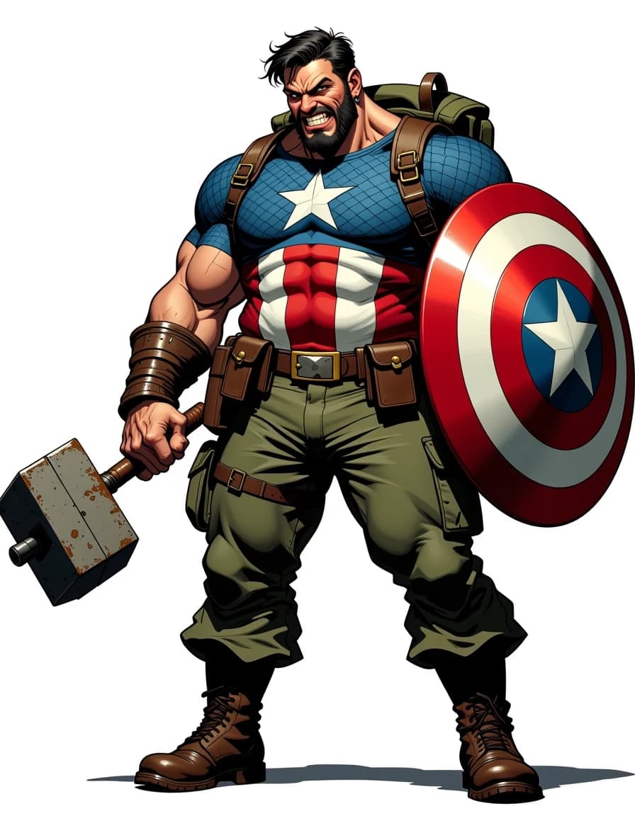 A masterpiece, in the style of the 1980s, with bold lines, dynamic strokes and rich textures, on background with a touch of nostalgia, perhaps with subtle drawings inspired by cellulose and vintage, worn textures similar to paper, oil painting, Full-body exaggerated caricature of a muscular patriotic soldier hero standing in a wide power pose, three-quarter front view with a slight low angle, gripping a large ornate war hammer in his right hand and a glossy round star-spangled shield in his left. He wears blue scale-mail with a white star and red-and-white striped torso, olive-green cargo pants, heavy brown combat boots, leather wrist wraps, multiple pouches and belts, and a rolled green backpack. Angry snarl, furrowed brows, exaggerated jawline, short dark hair, intense eyes. Highly detailed digital painting combining crisp comic-caricature linework with painterly rendering, rich saturated colors, strong rim and key lighting, glossy metal highlights on shield and hammer, realistic fabric and leather textures, subtle dirt and battle wear, soft grounded shadow on a clean white background, cinematic contrast, ultra-detailed, polished, dynamic and expressive.