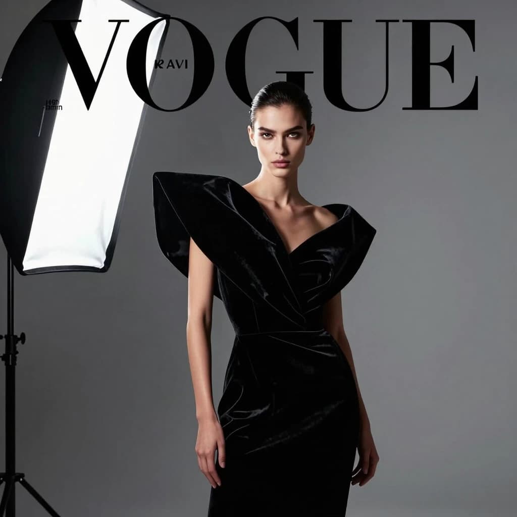 Prompt:
A professional high-fashion magazine cover shot, 8k RAW. A stunning model with sharp facial features posing in a dynamic, angular silhouette. She is wearing an avant-garde architectural black velvet dress with oversized shoulders. Background is a seamless professional studio grey cyclorama. Lighting: a large softbox from the side creating a dramatic chiaroscuro effect, highlighting the texture of the fabric and the glow of the skin. The composition is centered with strategic negative space at the top for the magazine masthead. In the blurred edges of the frame, professional studio equipment like a C-stand and a silver reflector are slightly visible, adding a «behind the scenes» authenticity. Shot on Hasselblad H6D, 85mm lens, f/8, extremely sharp focus on the eyes, pore-level skin detail, vogue aesthetic.