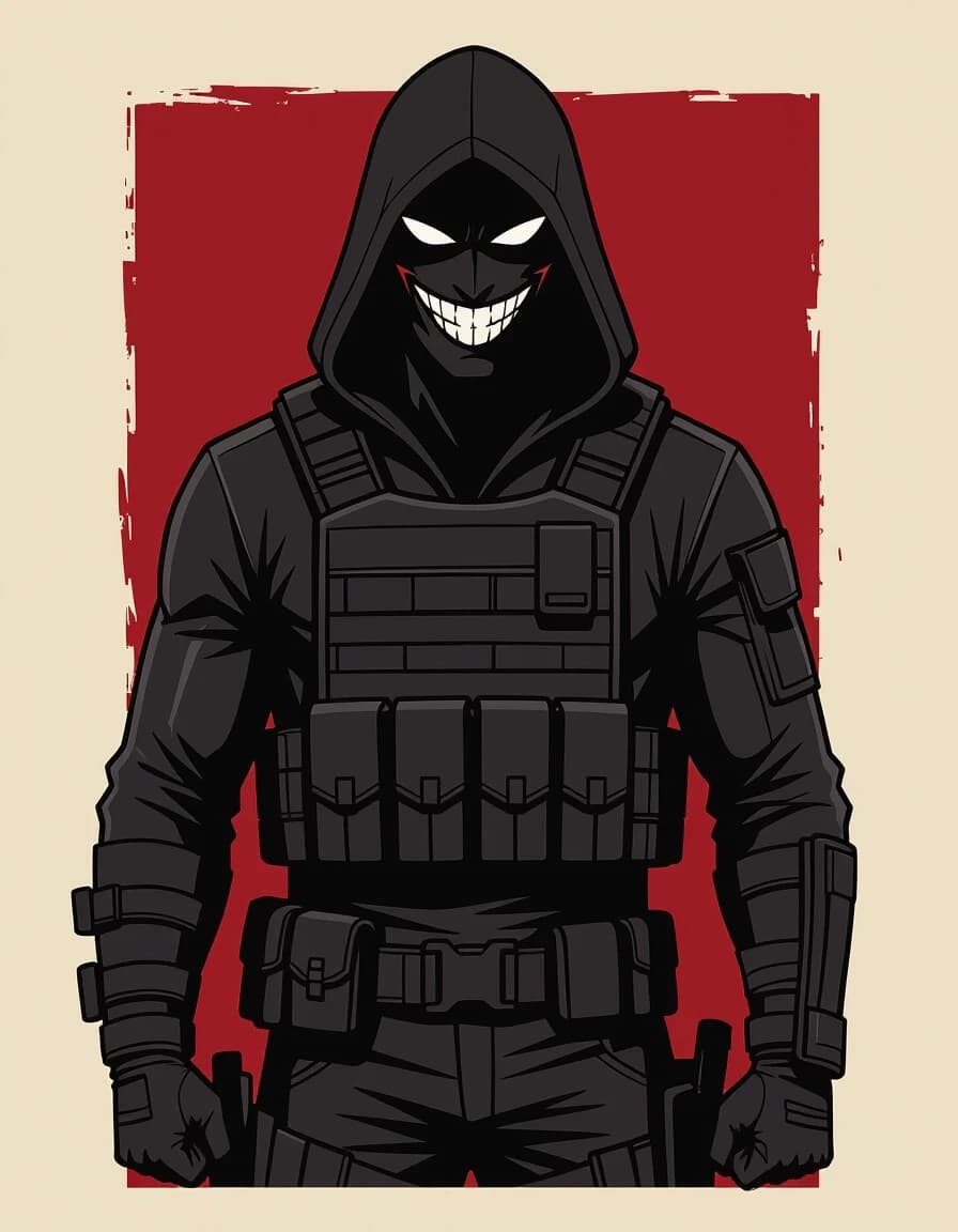Graphic comic book art, flat colors, bold outlines. A solid black silhouette of a tall, broad-shouldered hooded man in a tactical vest, standing against a solid blood-burgundy background. The silhouette is pure, flat black. The only features are the angular eye slits and the outline of a wide, mocking grin, both rendered in the same solid blood-burgundy color as the background. High contrast, minimalist, 2-color palette. No gradients, no shading, no grey, no details inside the silhouette.