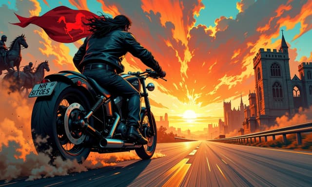 A masterpiece, in the style of the 1980s, with bold lines, dynamic strokes and rich textures, on background with a touch of nostalgia, perhaps with subtle drawings inspired by cellulose and vintage, worn textures similar to paper,oil painting, Epic cinematic scene of a muscular long-haired rider on a black cruiser motorcycle speeding down an empty highway toward a blazing sunset, low-angle three-quarter rear view, extreme motion and speed with spinning wheels, flying dirt, pebbles and sparks, tattered flag trailing behind with a red horse emblem and shadowy armored riders charging in the dust on the left, ruined Gothic arches and crumbling castle silhouettes on the right, dramatic fiery orange and crimson sky with volumetric clouds and sunburst rim-lighting the rider, high contrast warm color grading with deep shadow teal accents, hyper-detailed textures on leather jacket, denim, chrome exhausts and engine, realistic skin pores, sweat and muscle definition, dynamic motion blur, cinematic lens flare, 35mm wide-angle feel, shallow depth of field, high resolution, photorealistic yet stylized poster-quality composition, intense atmosphere, gritty epic mood.
