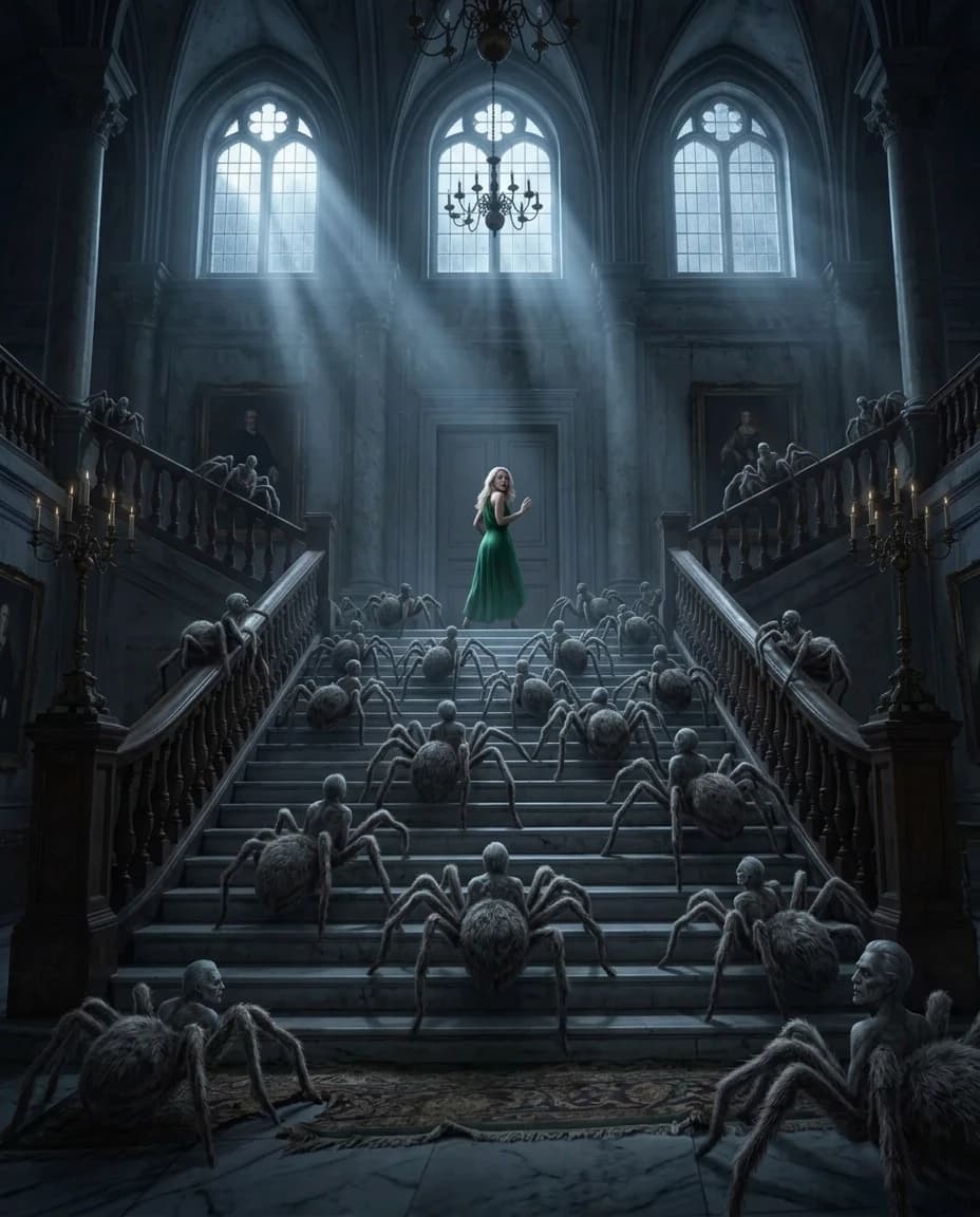 A cinematic scene in the genre of gothic fantasy and mystical thriller. A huge, luxurious palace hall with very high ceilings, giant arched windows, and massive columns. In the center of the hall is a wide grand staircase with richly decorated railings, marble steps, and decorative gold elements. Cold moonlight filters through the tall windows, creating long shadows on the floor.
On the upper landing of the staircase, an adult girl in a long emerald‑green dress is running away deeper into the palace. The edge of the dress flutters as she moves; one hand lifts the fabric to avoid tripping. The girl glances over her shoulder; her face shows intense fear and a desperate determination to find a way out.
At the foot of the stairs, there are numerous fantastic arachnids. Each of them has the furry body of a spider, eight long legs, a human torso, and the head of an elderly man. They climb the stairs slowly and menacingly, surrounding the lower part of the staircase. Some of the creatures stand motionless, looking upward.