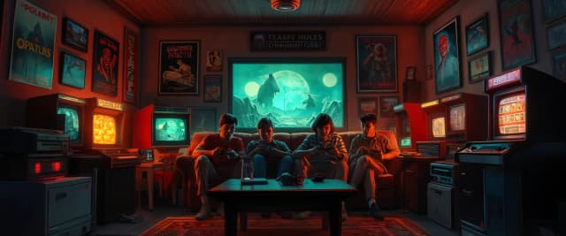 A cozy and vibrant wide illustration of a group of friends gaming together on a couch, surrounded by retro consoles, arcade machines, posters, and glowing monitors. Warm ambient room lighting with soft neon accents, dynamic reflections, feeling of nostalgia, brotherhood, and fun, semi-realistic stylized digital art, detailed background, 8k --ar 16:9