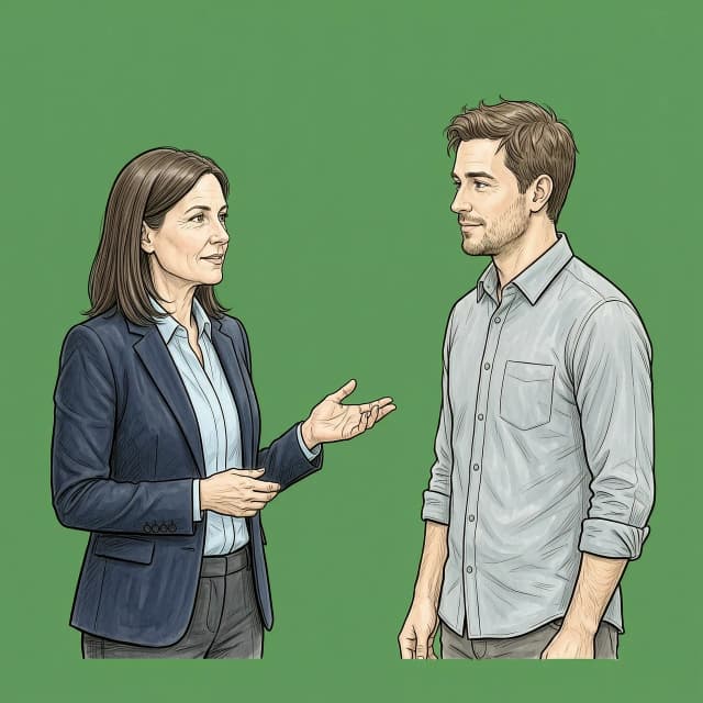 ```text
Two recurring office characters for an educational corporate video.
CHARACTER 1 — FEMALE MANAGER:
A 43-year-old woman with realistic ordinary appearance, intelligent confident face, shoulder-length straight dark brown hair, subtle natural makeup, brown eyes, average build. Wearing a light blue blouse and dark navy blazer, no tie, elegant understated professional appearance.
CHARACTER 2 — MALE EMPLOYEE:
A 32-year-old man with realistic ordinary appearance, approachable intelligent face, short slightly tousled medium brown hair, light stubble, brown eyes, average build. Wearing a light gray-blue shirt with sleeves slightly rolled up, no jacket, no tie.
Both characters shown in a medium shot from slightly below the waist up. Arms and hands at least partially visible. Natural standing posture. The woman is slightly turned toward the man, the man slightly toward the woman, as if having a normal workplace conversation. Both have calm neutral expressions.
COMPOSITION:
16:9 landscape format.
Female manager always on the LEFT. Male employee always on the RIGHT.
Characters must remain completely separate. They must NOT overlap, touch, intersect or cover each other.
Large empty space between them.
Both characters fully inside the frame. Do NOT crop heads, hair, shoulders, arms, elbows or hands.
Neither character may touch or extend beyond the left or right edge. Leave generous side margins.
BACKGROUND:
Solid perfectly uniform chroma key green. Pure flat green, evenly illuminated. No gradients, shadows, texture, patterns or objects.
Do NOT use transparency.
No office, room, furniture, floor, walls or decoration.
No shadows on the background.
No green lighting or green color spill on the characters.
Clean, well-defined character edges for easy chroma key removal.
STYLE:
Sophisticated editorial illustration, hand-drawn graphite pencil and black ink, subtle watercolor shading, realistic adult proportions, expressive natural faces, elegant modern corporate illustration, slightly textured pencil lines, restrained colors, believable anatomy.
NOT cartoon, anime, caricature, comic book, 3D or photorealistic.
No text, no speech bubbles.
```