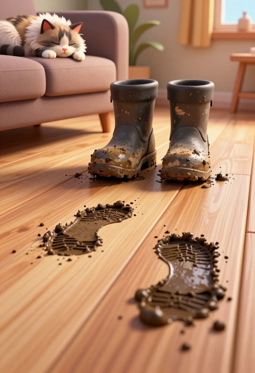 A hyper-realistic 8k 3D stylized render from an extreme low-angle perspective, right at the floor level. In the foreground, the edge of a cozy, plush fabric sofa is visible, where a fluffy cat is deeply asleep, curled into a soft cloud. The focus is sharp on a pair of heavy, mud-caked boots stepping across a clean, light-colored wooden floor, leaving thick, dark, wet muddy footprints. The camera only shows the boots and the floor, creating a suspenseful and humorous tension. Lighting: warm, cozy indoor light contrasting with the cold, grey mud on the shoes. Shot with a wide-angle lens to emphasize the distance between the muddy boots and the sleeping cat. Extreme detail on the wood grain, the wet texture of the mud, and the volumetric fluff of the cat's fur. Cinematic depth, storytelling through detail, vibrant yet cozy colors.