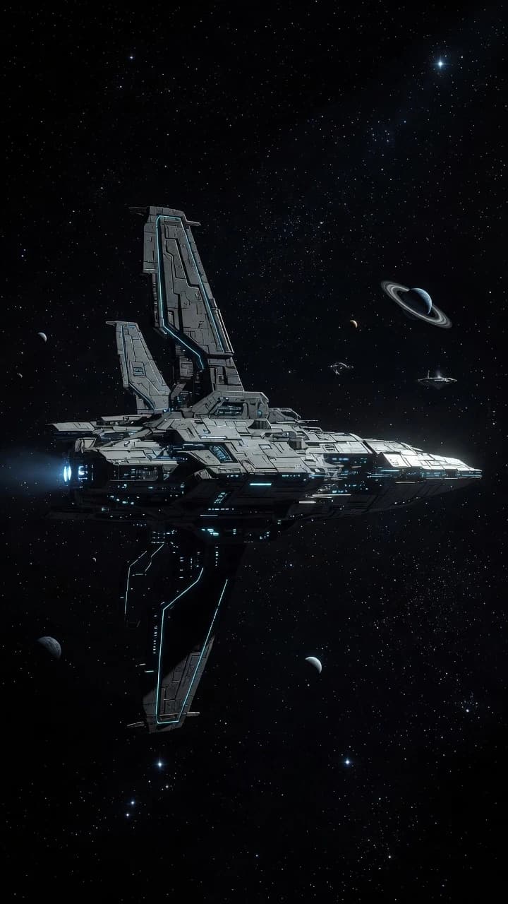 Wide cinematic sci-fi shot of a heavily detailed tactical spaceship with a massive vertical wing design, floating in deep space. The ship is positioned at a medium distance, emphasizing its intricate hull texture: layered armor plates, exposed mechanical joints, and micro-details. Subtle geometry‑based glowing cyan lines are localized only on specific segments of the vertical stabilizers and a few hull contours – minimal but effective position lights. The ship shows faint blue ion residual glow near the thrusters, without visible exhaust trails or plumes. A strong, harsh light source from a distant star illuminates one side of the ship, casting deep, dramatic shadows on the other. Background: deep black cosmic void filled with stars. Distant planets are visible, one with striking planetary rings and a small orbital station in the distance. No atmospheric rims, no large planets in close view. Photorealistic, high‑contrast lighting, cold space aesthetic, ultra‑detailed textures, rich but subdued palette, cinematic composition, 8k.