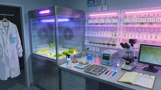 1. This is the most important place in the lab. A large metal cabinet with a glass protective screen. Fans constantly circulate sterile air inside to prevent even a single bacteria from entering.
2. A UV sterilization lamp is built into the top of the cabinet. It glows with an ominous violet-blue light (Emissive is a must-have card).
3. Petri dishes and test tubes are neatly arranged inside. Some already have bright green moss or tiny leaves growing in them.
4. Agar-agar in jars is a clear or yellowish nutrient gel at the bottom of the test tubes, into which plants are "planted."
5. A spirit lamp or gas burner sterilizer is a small flame over which the botanist burns the instruments before each cut. 6. Surgical instruments – thin, long tweezers, scalpels with replaceable blades, medical scissors. They are stored on a special metal tray.
7. Spray bottle of alcohol – for constant hand and table disinfection.
2. Heated magnetic stirrer – a flat stand on which a flask stands.
3. Electronic scale with calibration weights.
4. Autoclave (or drying oven)
5. Volumetric flasks, pipettes.
6. Beakers with bright indicators – liquids of blue, pink, or yellow.
2. Phytolamps (Pink/Purple neon).
3. Hundreds of glass jars and test tubes – they are arranged in neat rows in plastic stands. Each jar has a white sticker with a code and date. Climate control monitors.
4. Outlet timers.
1. Microscope with camera – connected to a monitor displaying the texture of magnified plant cells or leaf structure.
3. Work clothes – a white or blue protective gown, cap, and mask, hanging on a hanger at the entrance.
4. Explant log – an open folder with tables where the lab technician records the viability of the samples.