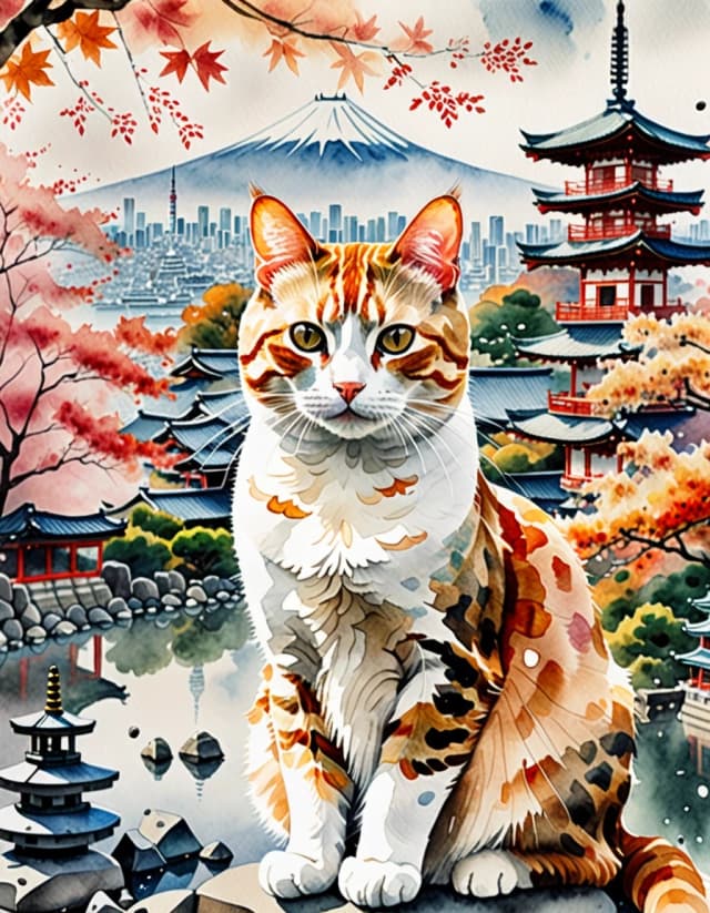 A masterpiece. The painting is done in watercolors. (Double exposure:1.8). (Portrait of a fabulously beautiful cat:1.8). In the background, there are views of Japan at that time: a pagoda, a garden of stones. The whole painting is united by an old autumn city landscape. High quality. High resolution. Increased attention to small details, clear contours. Intense close-up. Bold strokes, drips, spots. Watercolor style. Artist: Levitan, Sergey Andriaka.