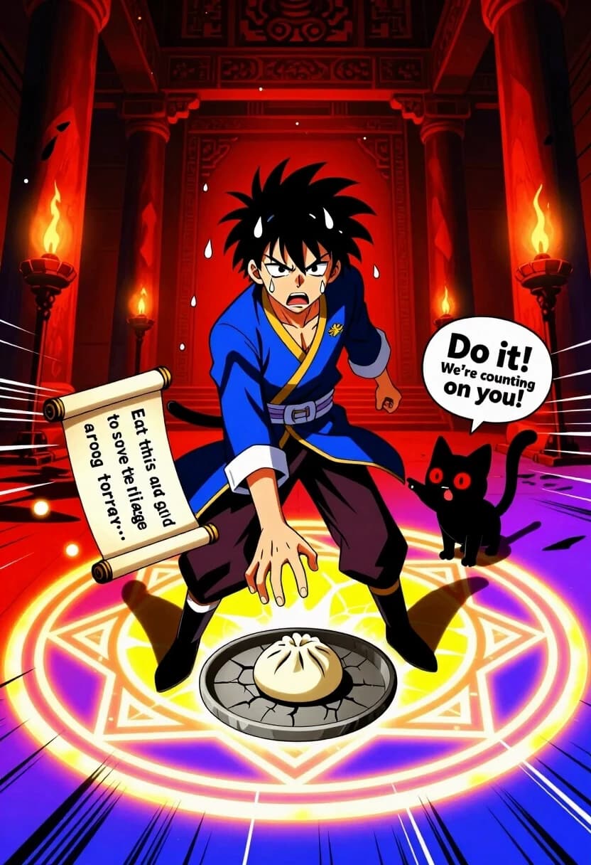 High-energy anime style, bold linework, cel shading, vivid color palette with extreme contrasts. A young, determined warrior with messy spiky hair stands in the middle of a glowing magic circle in an ancient temple. His expression is a mix of grim resolve and sheer terror: sweat drops are floating around his head, one eyebrow is twitching, and his hand is frozen inches away from a single cursed danjo (sweet dumpling) on a cracked stone plate. The scroll next to it reads: “Eat this and gain the power to save the village… or turn into a frog forever.”
Behind him, a tiny jet-black kitten with glowing red eyes is dramatically pointing at the danjo, as if yelling, “Do it! We’re counting on you!” Its tail is puffed up to twice its size, and motion lines radiate from it for extra intensity.
Low-angle shot looking up at the hero, emphasizing his importance (and the weight of the decision). The temple is lit by flickering torches casting long, jagged shadows; the magic circle glows with shifting colors—crimson, indigo, and electric yellow. Floating magical particles and speed lines add energy. Color palette: deep crimson, royal blue, gold accents, and stark white highlights. Mood: high stakes, dramatic comedy, classic shonen tension.
Technical: thick, clean line art, cel shading for flat colors with sharp shadows, speed lines and motion streaks, dramatic chiaroscuro, glowing outlines on the magic circle and the kitten’s eyes, exaggerated sweat drop gag.