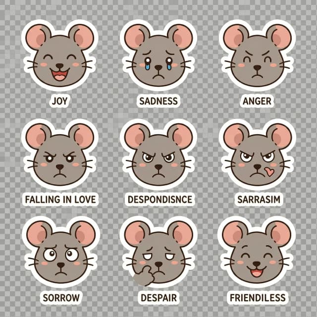 Generate a cute 2D rat with a white outline.
A set of 10 minimalist vector stickers on a transparent background featuring various emotions:
joy
sadness
anger
falling in love
despondency
aggression
sarcasm
sorrow
despair
friendliness