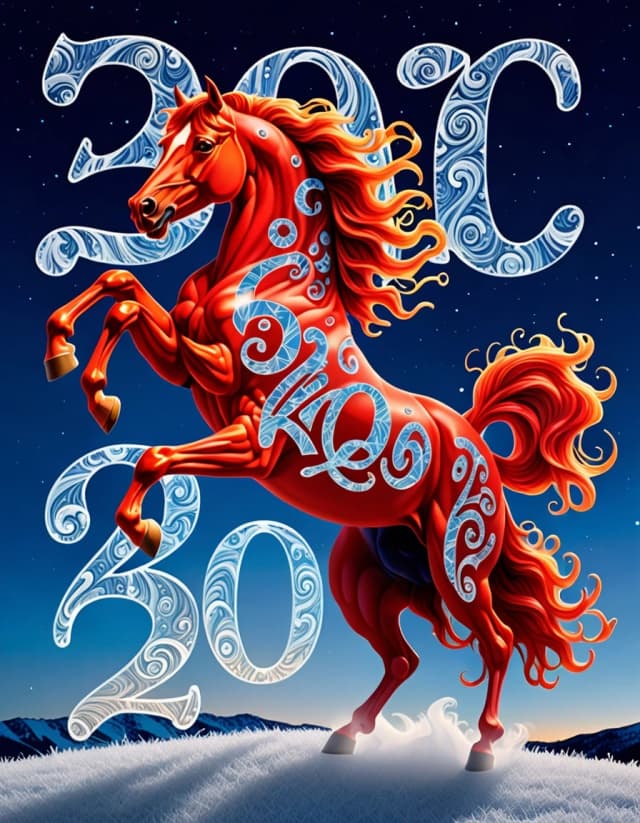 In the double exposure style. An ephemeral mythical creature in the form of a beautiful scarlet fiery horse with a long wavy mane collects the word "2026" from glass letters. In a jump. Background: bright blue night sky with grandiose continuous ornamental frosty patterns, zigzags, spirals of frost. Needles, transparent glass balls, silk, tulle.
In the "Glitter" style: magical realism, natural symphony, shapes dissolve into color, lines flow like water, translucent layers with a watercolor texture, intricate ornaments at the corners of the composition.
Iridescence, lace, entourage, fantastic plot, New Year's tale, magic, whimsicality, originality. High detail, cinematic lighting, solemn festive atmosphere, realistic.