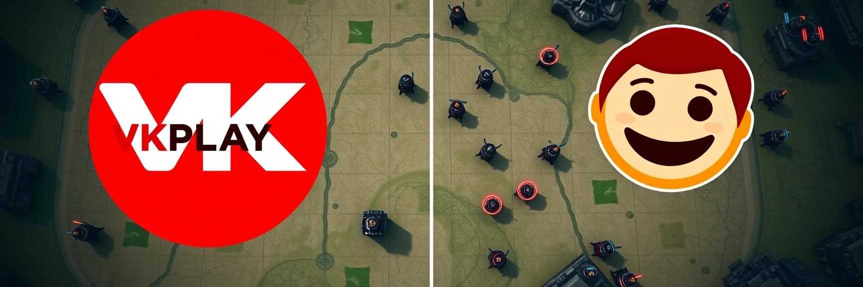 создай изображение, слева логотип VKPLAY справа изображение смайлик Red-John-Smiley-Face из сериала менталист на фоне с градиентным переходом светлых оттенков синего