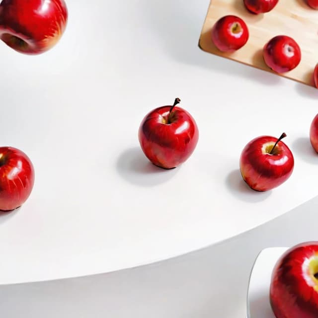 a red apple on a white table