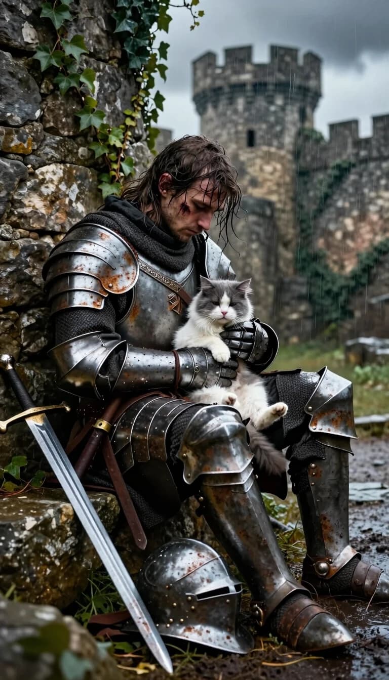A weary exhausted medieval knight in heavily battered, dented and rusted plate armor sitting slumped against a crumbling ruined stone fortress wall overgrown with ivy. He gently holds a soft fluffy gray-and-white cat in his armored hands, looking down at it with a tired, melancholic but tender expression. His long dirty hair is wet and messy, face has dirt and a small cut. A long steel sword and a dented metal helmet lie discarded on the muddy rocky ground beside him. Dark overcast dramatic sky, rainy atmosphere, soft diffused lighting, highly detailed realistic fantasy art, emotional and cinematic composition, photorealistic textures on armor and stone, shallow depth of field