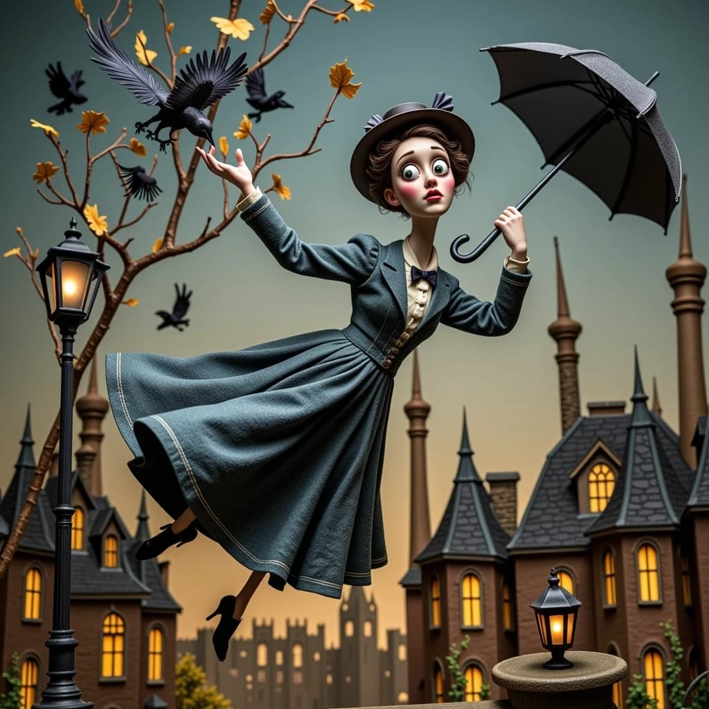 Mary Poppins in the style of Tim Burton: like a frame from a stop‑motion animated film. She is flying, holding an umbrella, but the proportions are slightly grotesque — elongated, graceful arms, a large, expressive head, large eyes with a melancholic gaze. The outfit is Victorian, but with dark, muted shades: dusty blue, charcoal gray, cream; the fabric looks like it’s made of textured fabric for dolls, with visible stitches. Around her — a whirlwind of black crow feathers and dry autumn leaves. London is distorted below: houses with skewed roofs, elongated lanterns, crooked chimneys. The color palette is gloomy, with deep shadows and rare warm accents (amber light in the windows). The lighting is theatrical: harsh backlighting, long shadows, a diorama effect. The textures are like those in puppet animation: clay, fabric, wire. The mood is magical sadness and a slight strangeness, as if this is a scene from “The Nightmare Before Christmas.”