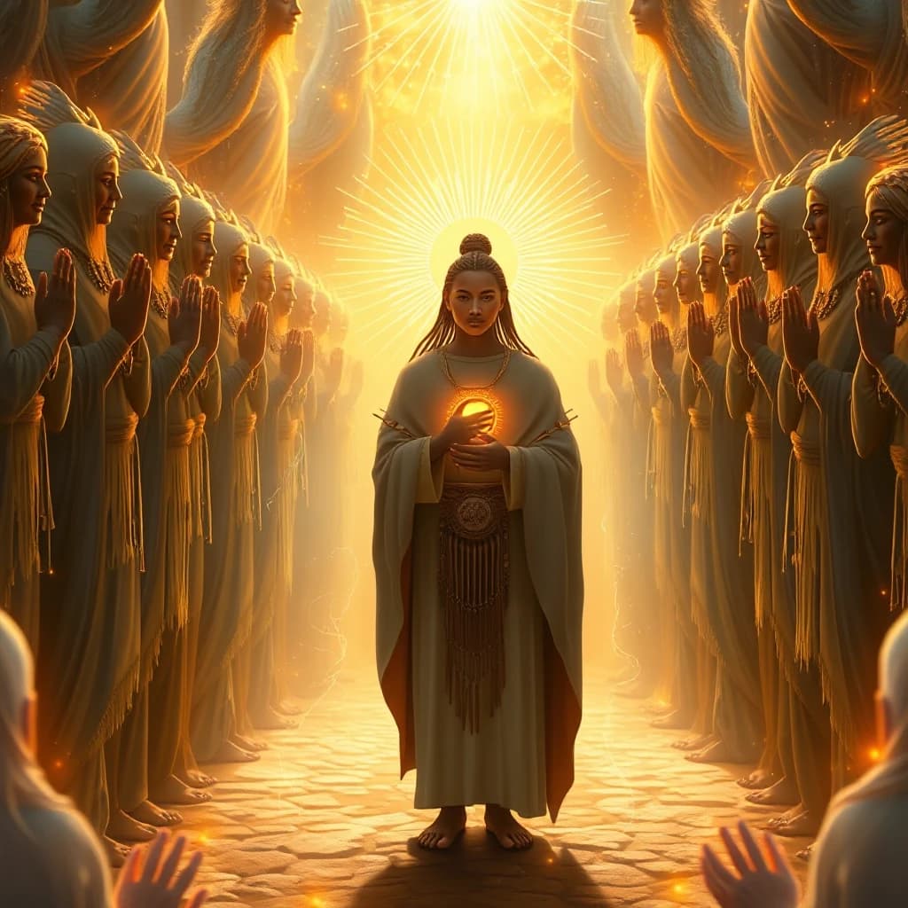 Digital art. A descendant standing in the center, surrounded by many glowing ancestral figures forming a protective circle. They gently embrace him, sending warm golden light toward his heart. Flowing energy of peace, unity, magic, and ancestral love connects all generations. Soft luminous tones, ethereal glow, warm gold and soft blue colors. Magical realism, detailed, 8k, spiritual, sacred, heartwarming.»