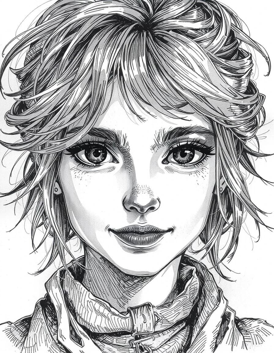A real french portrait of a beautiful young goddess, big brown sparkling eyes, slight smile, fantasy clothes, messy hairstyle, intricate details and precisely drawn cross-hatching lines throughout the drawing, bold lines
