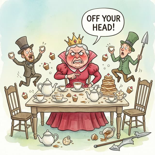 (masterpiece:1.8, acrylic painting:1.5, best quality:1.6, ultra-detailed:1.6). A bizarre and funny image (of the Queen of Hearts), who, sitting at a crazy tea table, angrily exclaims: "Off your head!' (Off with their heads!). The reason for her anger may have been a bad croquet game or too much sugar in her tea. (She's sitting at the head of a table strewn with ridiculous teapots and mountains of cakes, her crown slightly askew.) The Queen's face is red with annoyance, with puffed cheeks and wide-open eyes that look more offended than truly angry. (She points her finger with such effort that she looks like she's about to knock over her tea).
(Around her are the Hatter and the March Hare, who comically jump up and down in "fright," but at the same time try to hold on to their cups and cupcakes. Sonya may have poked her head out of the kettle, clearly annoyed by the noise. The card guards nearby may be awkwardly retreating, tripping over table legs or dropping their halberds). The tea table is a mess of flying cupcakes, spilled tea, and tumbling teacups.
The lighting is light and airy, creating a light, almost pastel mood. The overall atmosphere is a light, funny mess, where the Queen's anger is more of a familiar but theatrical act. Detailed watercolor or pastel illustration, playful composition, soft but saturated colors, light strokes, digital painting. Inspired by Quentin Blake's dynamic illustrations and Mary Blair's vibrant style.