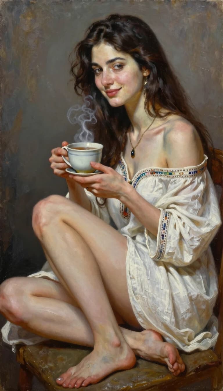 Oil painting, hyperrealism,full-length portrait, close-up, burning brunette beauty, modest smile,sitting with long hair, white linen tunic with ornaments, open shoulders, jewelry, full height, legs pumped, gently, holding a ceramic mug with steaming tea,face and figure detailing, high resolution 8K, style Alexander Maranov, Lee Bogle, David Downton Nikos Safronov.