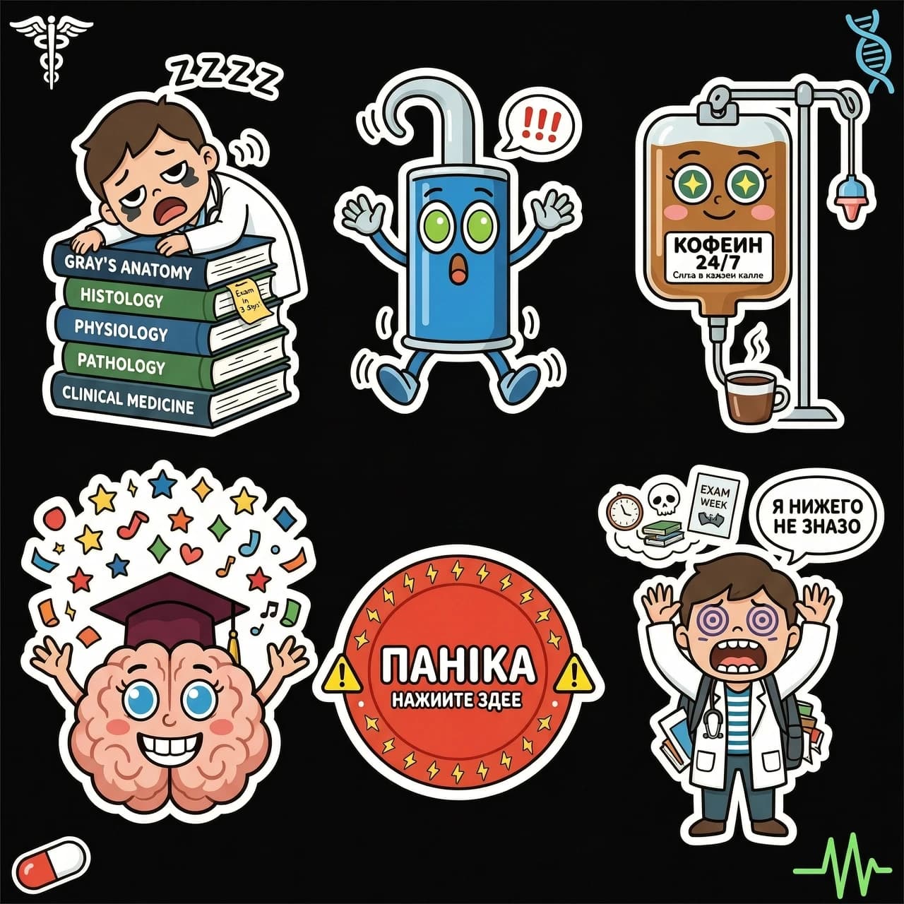 Стикерпак для студентов-медиков, толстый жирный белый контур, яркие плоские цвета, без теней, изолированный прозрачный фон, векторный стиль. Сцены включают: истощенный студент спит на стопке книг по анатомии "Грей", танцующий шприц с выпученными глазами, капельница с кофеином с надписью "Кофеин 24/7", мозг в конфедератке бросает конфетти, красная кнопка тревоги "ПАНИКА". Выразительные мультяшные персонажи, мем-стиль, высокое разрешение — никаких реалистичных теней, размытых деталей