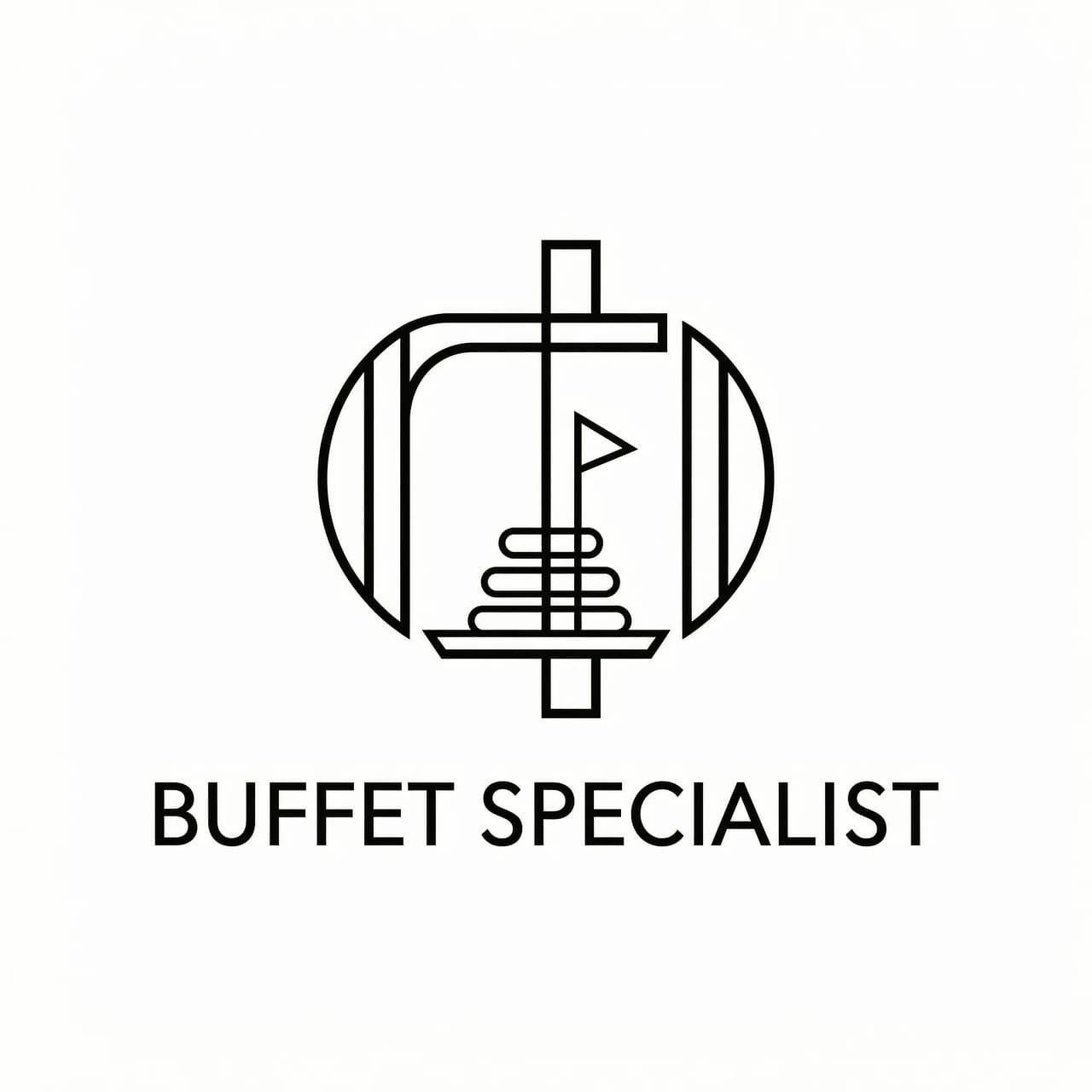 Vector logo for a freelance buffet specialist. Style: line art, clean thin strokes, strong negative space, simple geometry. Central monogram: stylized “Ф” where the curves suggest a stack of canapés and a toothpick with a tiny flag. Keep it very minimal: only 3–4 lines define the food, the rest is the letterform. Font: modern geometric sans, uppercase, tight spacing, aligned centrally under the mark. Must scale down to tiny sizes without losing legibility. No background, high vector clarity, 3000×3000 px.