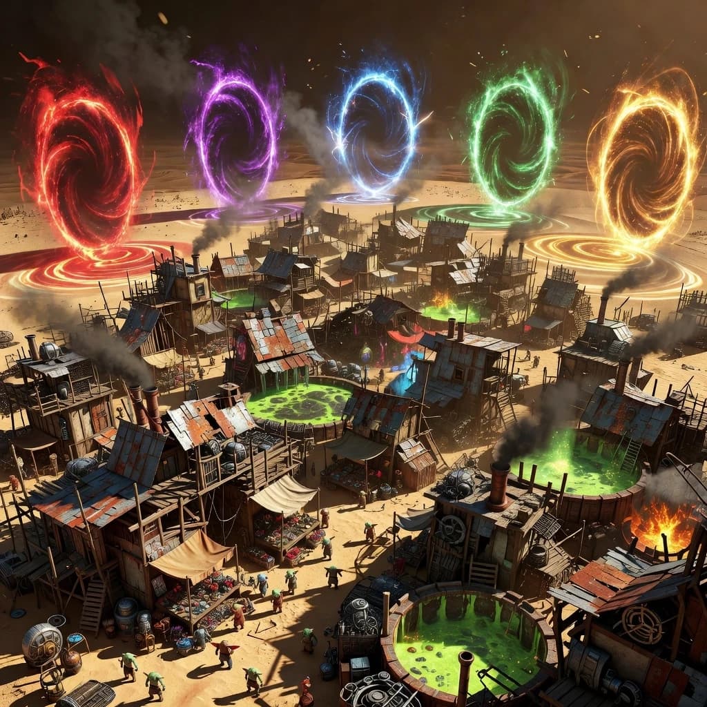 A sprawling, chaotic goblin settlement inspired by Gadgetzan from World of Warcraft, characterized by makeshift scrap-metal architecture, rickety wooden scaffolding, and cluttered steampunk structures built from salvaged junk. The town is a dense labyrinth of smoking chimneys, glowing green chemical vats, and cluttered marketplaces filled with mechanical contraptions. Surrounding the settlement in a wide circle are five massive, swirling magical portals, each emitting a distinct, vibrant color: crimson red, deep violet, electric blue, emerald green, and bright amber, casting intense colored glows onto the desert sands. The scene is set during a bright, high-noon desert sun, but the atmosphere is heavy with tension and an impending sense of doom. Dramatic lighting with sharp, high-contrast shadows and volumetric light rays piercing through the dust and smoke. Cinematic composition, wide-angle shot capturing the scale of the town and the surrounding portals. High-detail digital art style, reminiscent of epic fantasy concept art, with rich textures of rusted metal, weathered wood, and shimmering magical energy.