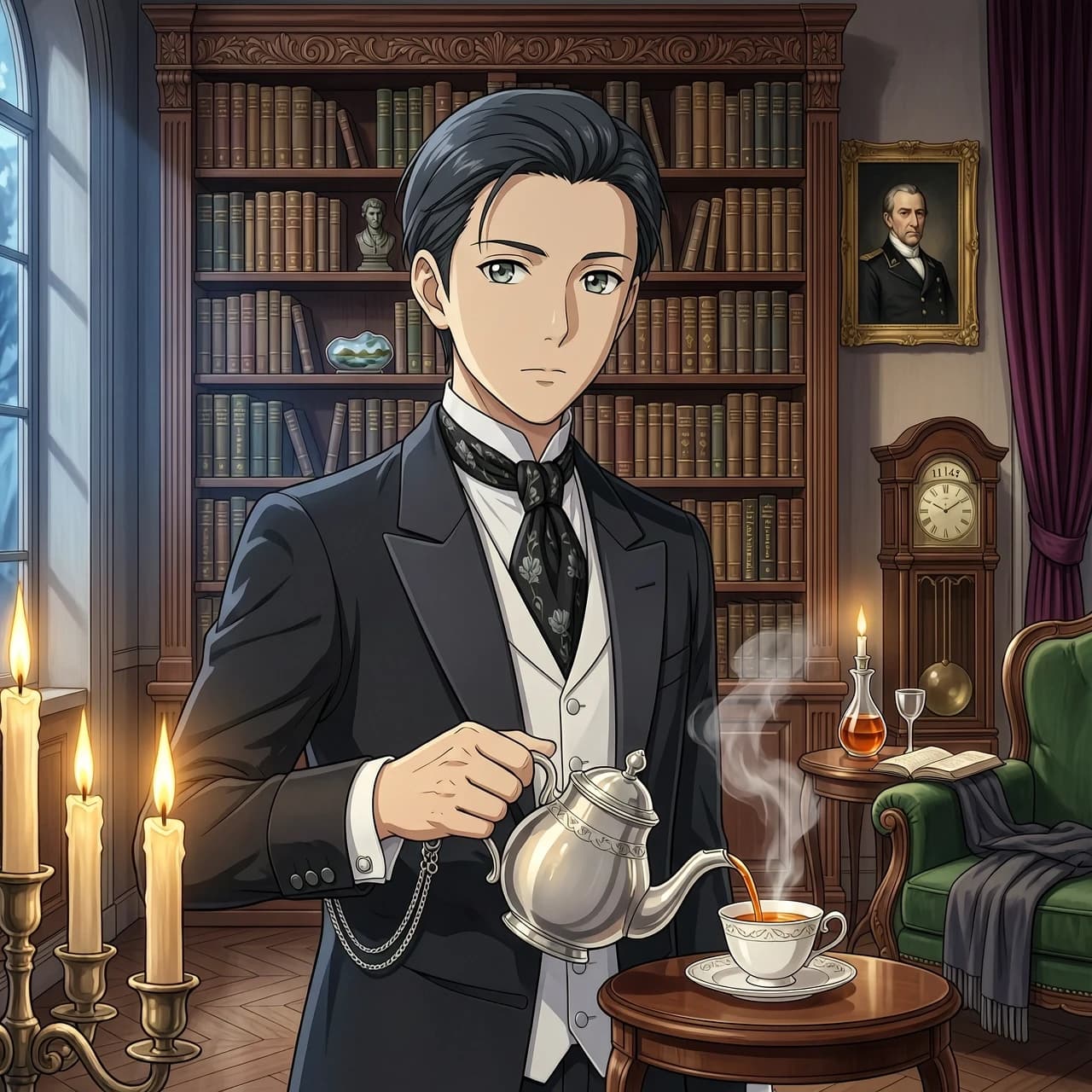 A high-quality anime-style illustration depicting a young man with noticeably ash-pale skin and a refined appearance, dressed in aristocratic Victorian-era attire. His graceful, confident movements are captured at the moment when he pours amber tea from a teapot into a cup. The scene takes place in a dimly lit, luxurious living room in a classic style, with mahogany bookshelves and the warm glow of candlelight. Cinematic lighting with dramatic chiaroscuro, emphasizing the steam rising from the cup and the clear outlines of his face. A gloomy, calm, and aristocratic atmosphere. A masterpiece created using soft gradients in digital painting, clear lines, and high detail in the eyes, inspired by the lighting aesthetics of Makoto Shinkai.