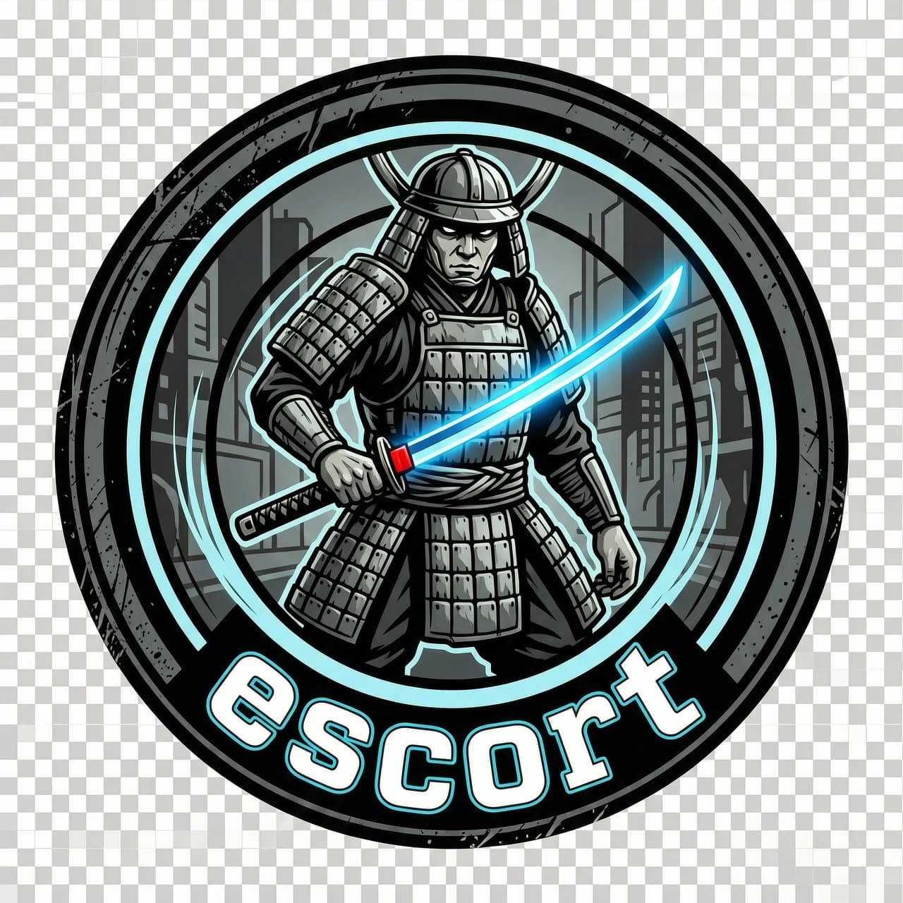 Основной промпт (1 текст):
«Логотип для игрового сообщества escort (надпись: “escort”, без других слов). Форма: круглая эмблема (круглая композиция, centered). Полуреалистичный самурай в улично-графическом стиле street-art: чёткие контуры, stencil/tрафаретные тени. Самурай в доспехах держит один клинок (катана), катана наполовину вынута из ножен; лезвие с ярким холодным голубым неоновым свечением. Поза уверенная, “готовность к бою”, акцент на контроле территории и скорости через динамичные графические линии движения вокруг силуэта. Символика контроля территории: внутри круга минималистичный знак-ареал (полукольцо/мишень/кольцевая зона контроля) вокруг персонажа, без букв и без эмблем сторонних сторон. Городской urban streetwear, лёгкий гранж: текстурный шум/царапины по краям, но без размытия. На фоне внутри композиции — только графический намёк на ночной городской ритм (без явных узнаваемых надписей), приоритет — читаемость эмблемы. Палитра: чёрный, серый, неоновый голубой, и одна капля красного (акцент у лезвия или около рукояти). Требования к стилю: высококонтрастный графический логотип, хорошо читается в малом размере. Надпись “escort” встроить в нижнюю дугу внутри круга (как часть эмблемы), читабельный street/graffiti-конструктив, можно с лёгким контуром или обводкой неоновым голубым, только “escort”, никаких других слов. Фон отсутствует: прозрачный background.»
Negative prompt (весь полностью):
«без текста типа community, majestic и без любых других надписей, кроме “escort”; без других слов вообще; без фона (фон отсутствует/прозрачный только); без ночного города и силуэтов небоскрёбов; без отдельного заднего изображения; без брендов/логотипов; без размытия и без “мыльности”; без лишних цветов (только чёрный/серый/неоновый голубой/одна капля красного); без эффекта видео/анимации; без лишних предметов (никаких вторых клинков, только один клинок); без аляпистых рамок, не относящихся к эмблеме; без водяных знаков; без сложных полутонов “как фото”; без низкой читаемости в маленьком размере.»