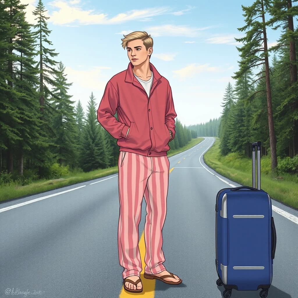 A mystical illustration of a handsome young man in his 20s with blond hair and eyes standing on a highway in the middle of a pine forest. He's wearing striped pajama pants and a pink windbreaker, looking around, and next to him is a large blue rolling suitcase with a handle. High-quality image, attention to detail.