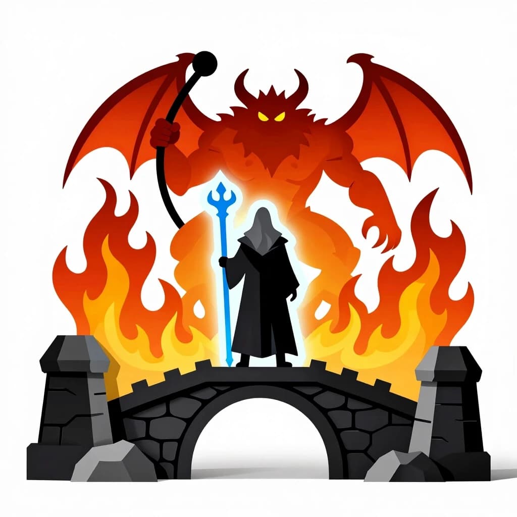 Lord of the Rings scene, Gandalf the Grey standing on Khazad-dum bridge with his back to the viewer, glowing blue staff, fiery Balrog with sword and whip in front, view from behind the wizard, multi-layered paper art style papertol and pop-up card, 5 distinct isolated layers on solid white background, flat vector shapes without intersections, thick black outlines, fantasy art, high detail fire and stone, studio lighting