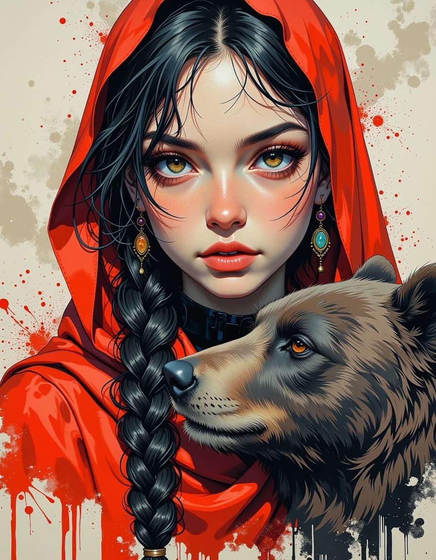 A masterpiece, in the style of the 1980s, with bold lines, dynamic strokes and rich textures, on background with a touch of nostalgia, perhaps with subtle drawings inspired by cellulose and vintage, worn textures similar to paper,oil painting, watercolor, acrylic, random pose character from a Russian fairy tale. a white woman with a long dark braid and a red scarf on her head. and a good bear. Realistic. Magical atmosphere, witch background, Russian style, Middle Ages, dark fantasy, oil watercolor, brush strokes, illustrations from the book.