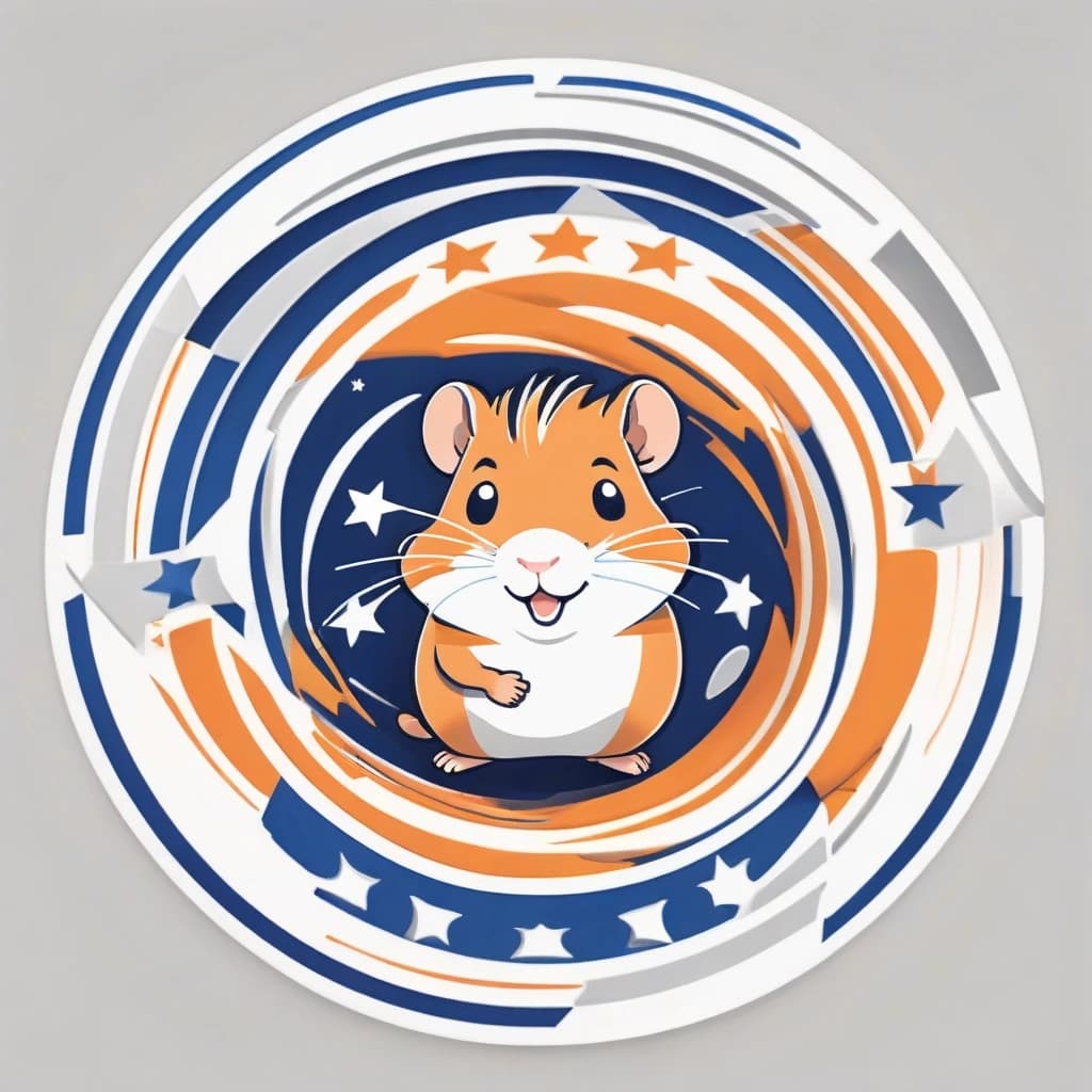 A modern, sleek round logo for a kids' sports team named "Hamsters". A vector illustration of a fast, smiling hamster running forward inside a circular badge. The color palette is vibrant orange, deep blue, and white to represent energy. The border of the circle features geometric stars and speed lines. At the top of the ring, it says "ДЕТСКАЯ ГРУППА", at the bottom "ХОМЯЧКИ" in a bold, athletic sans-serif font. Style: Flat vector design, minimalistic, clean lines, professional brand identity, white background, 4k.