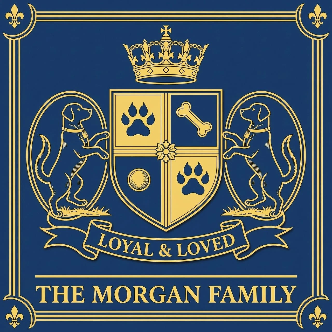 Design an elegant heraldic family crest in classic coat-of-arms style,
featuring a loyal pet dog as a heraldic supporter standing on its hind
legs beside a shield (in the traditional position where lions or
unicorns usually stand). The shield contains a paw print charge and a
small bone or ball as secondary heraldic elements. Above the shield, a
crown or simple coronet. Below, a ribbon banner reading "LOYAL & LOVED"
in elegant Latin-style lettering. Color palette: deep navy blue and
gold, fine linework, engraved illustration style, symmetrical
composition. Below the crest, add the text "THE MORGAN FAMILY" in
serif capital letters. Background: solid dark navy or transparent.
Portrait orientation, clean vector-like illustration suitable for
printing.