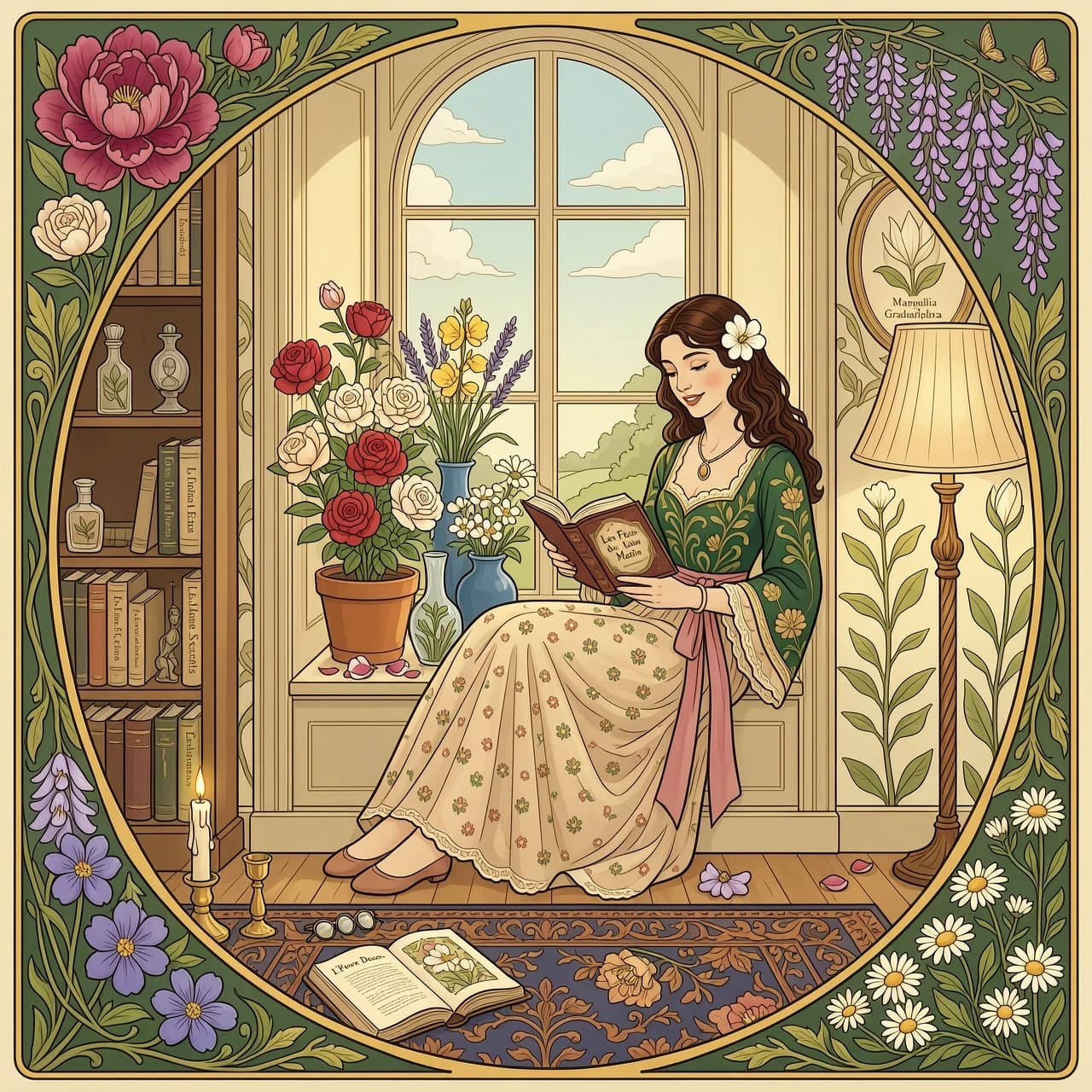 A woman sits in a sun-drenched window seat, surrounded by an abundance of vibrant, blooming flowers. She is reading a book, a gentle smile on her face. The style is reminiscent of Art Nouveau, with flowing lines, organic shapes, and a rich, decorative quality. Think Alphonse Mucha meets a cozy reading nook.