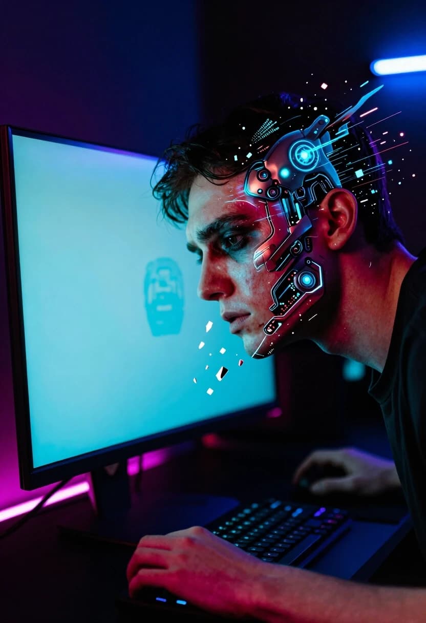 Hyper-realistic cinematic shot of a gamer in a dark room, illuminated only by the neon glow of a massive monitor. The player's face is half-human, half-digital: one side is a tired young man with dark circles under his eyes, while the other side is glitching and transforming into a high-detail cyberpunk warrior with glowing cybernetic implants and metallic skin. Digital pixels and shards of light are physically floating from the screen and merging into his flesh. Extreme detail on the skin transition, volumetric neon lighting, 8k, moody atmospheric background, shot on 35mm lens, psychological fusion.